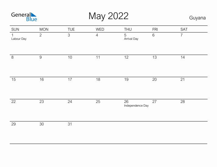 Printable May 2022 Calendar for Guyana