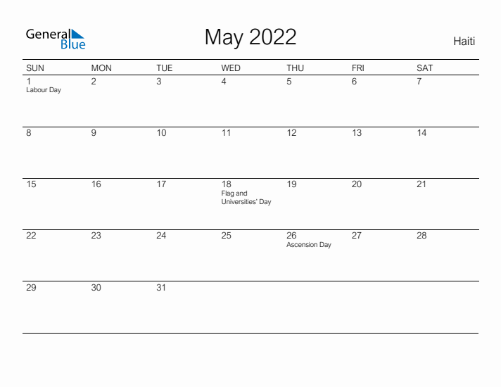 Printable May 2022 Calendar for Haiti