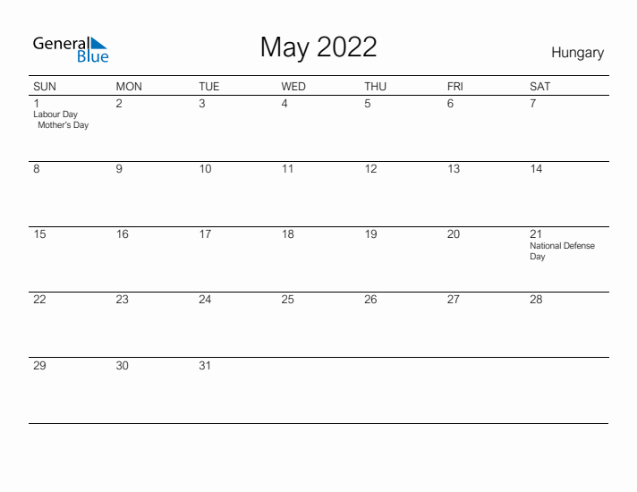 Printable May 2022 Calendar for Hungary