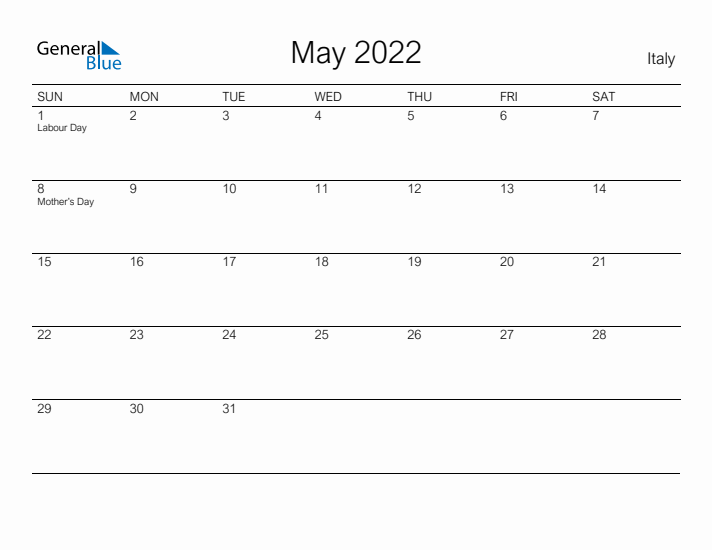 Printable May 2022 Calendar for Italy