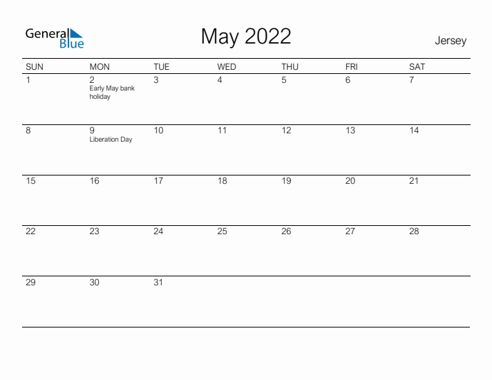 Printable May 2022 Calendar for Jersey