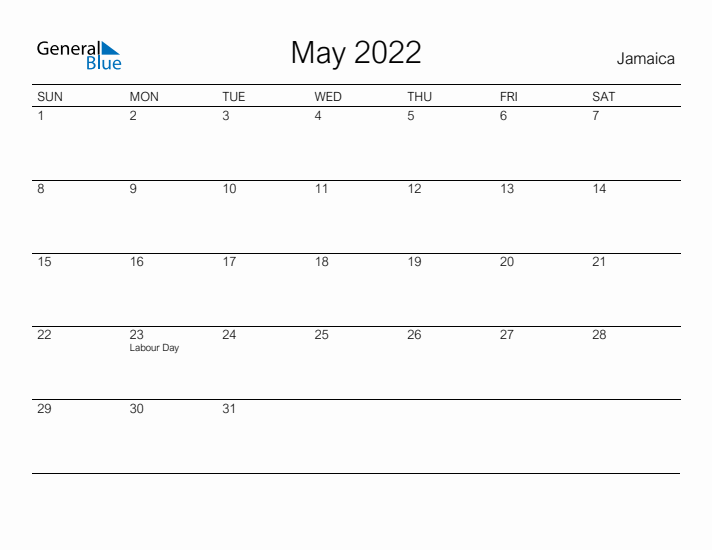 Printable May 2022 Calendar for Jamaica