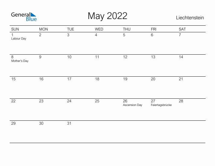 Printable May 2022 Calendar for Liechtenstein