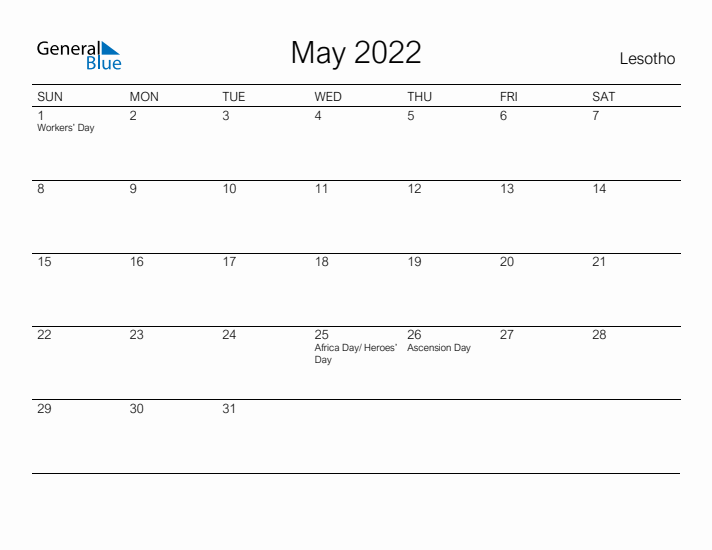 Printable May 2022 Calendar for Lesotho