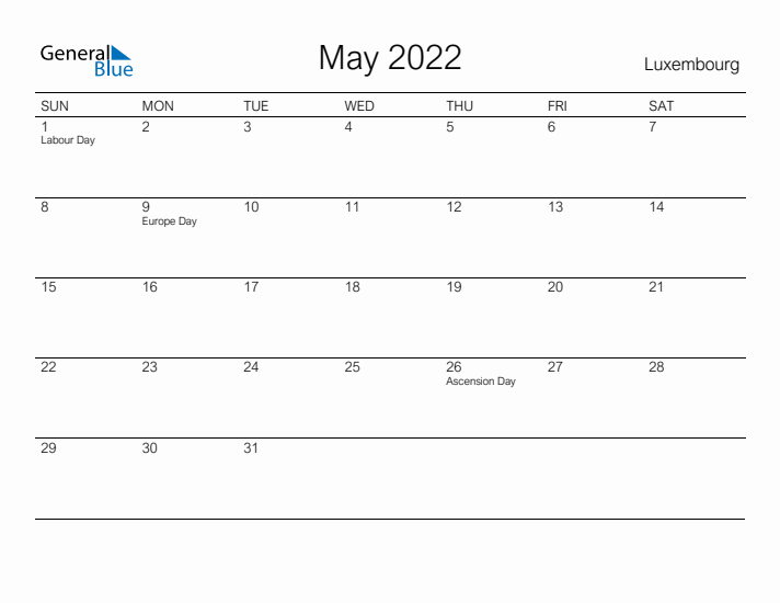 Printable May 2022 Calendar for Luxembourg