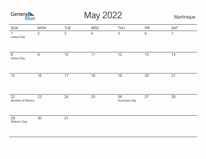 Printable May 2022 Calendar for Martinique