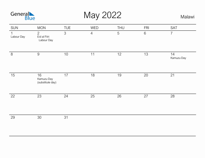 Printable May 2022 Calendar for Malawi