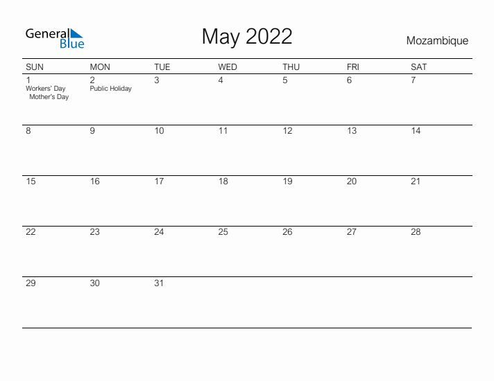 Printable May 2022 Calendar for Mozambique