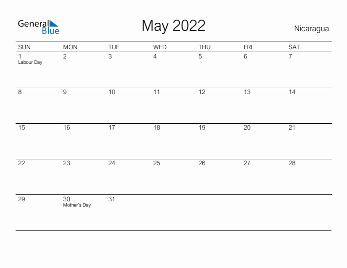 Printable May 2022 Calendar for Nicaragua