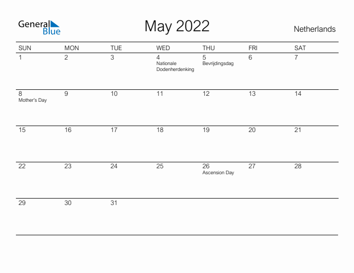 Printable May 2022 Calendar for The Netherlands