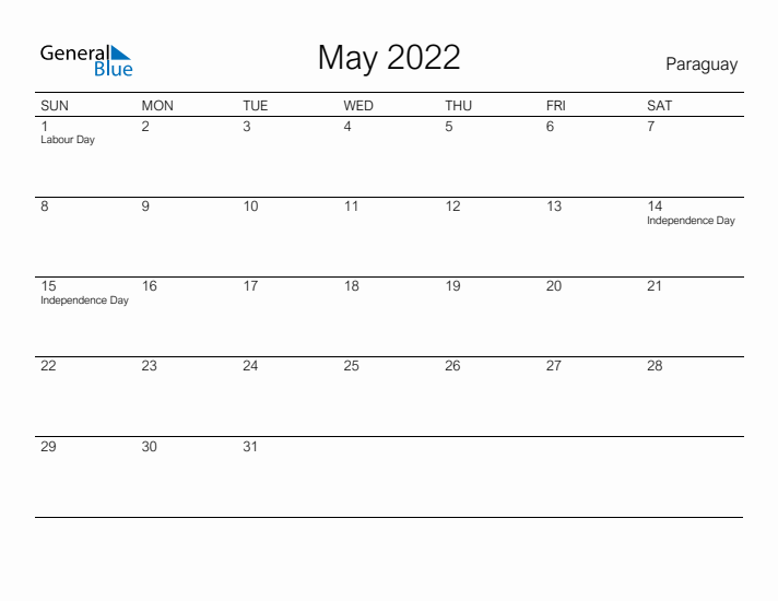 Printable May 2022 Calendar for Paraguay