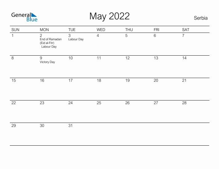Printable May 2022 Calendar for Serbia