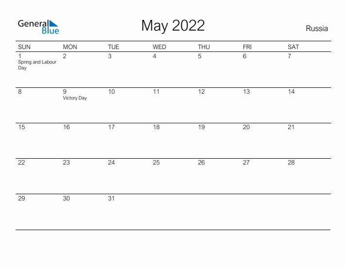 Printable May 2022 Calendar for Russia