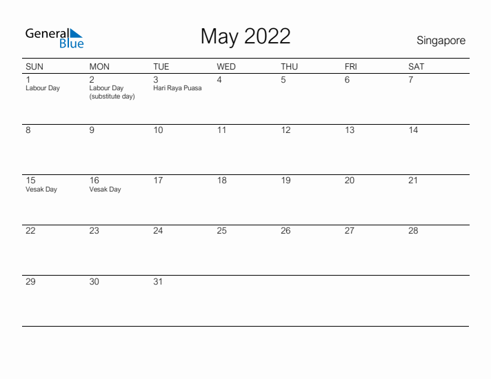 Printable May 2022 Calendar for Singapore