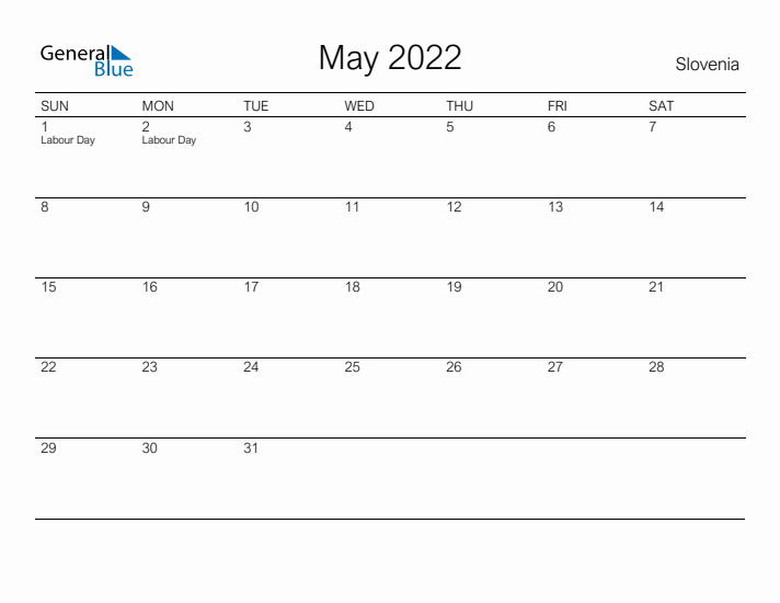 Printable May 2022 Calendar for Slovenia