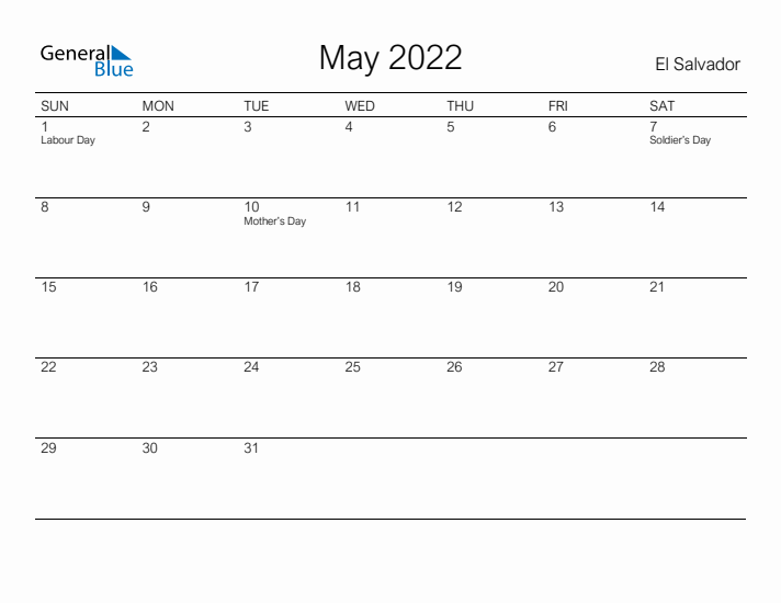 Printable May 2022 Calendar for El Salvador