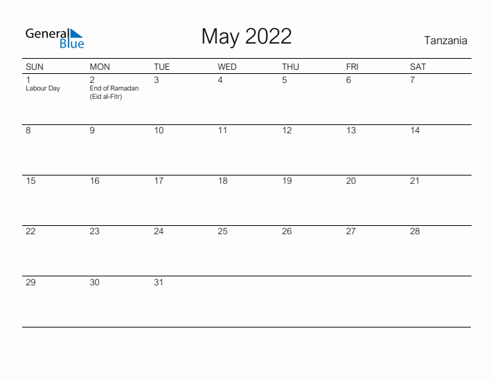 Printable May 2022 Calendar for Tanzania