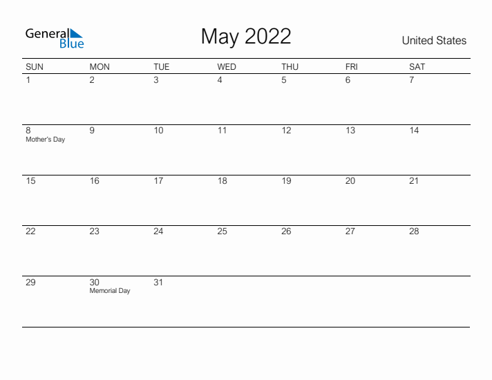 Printable May 2022 Calendar for United States