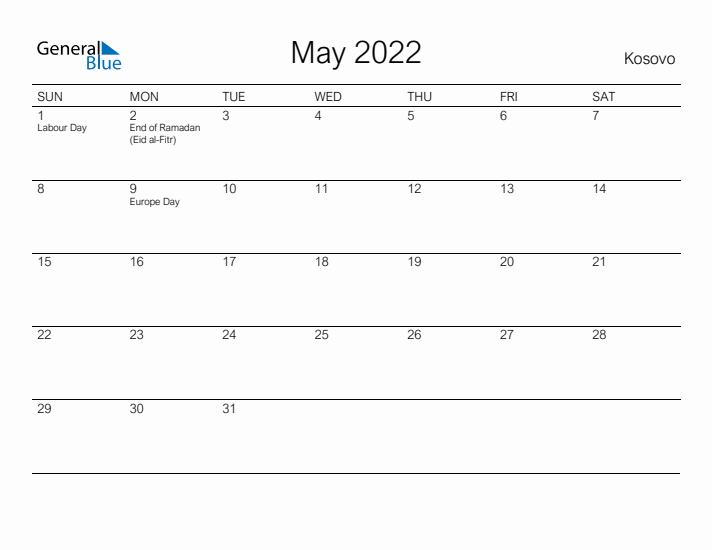 Printable May 2022 Calendar for Kosovo