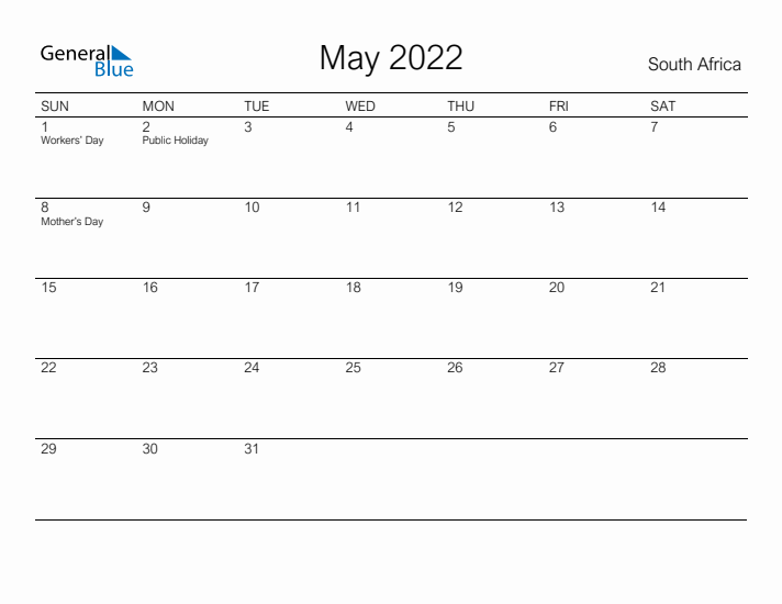 Printable May 2022 Calendar for South Africa