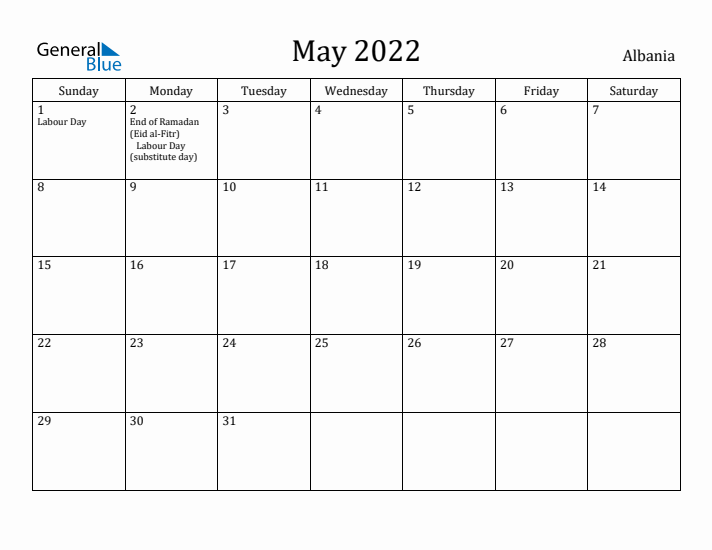 May 2022 Calendar Albania