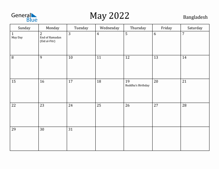 May 2022 Calendar Bangladesh