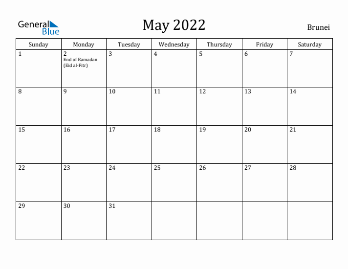 May 2022 Calendar Brunei