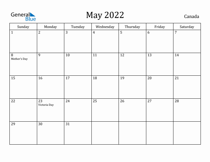 May 2022 Calendar Canada
