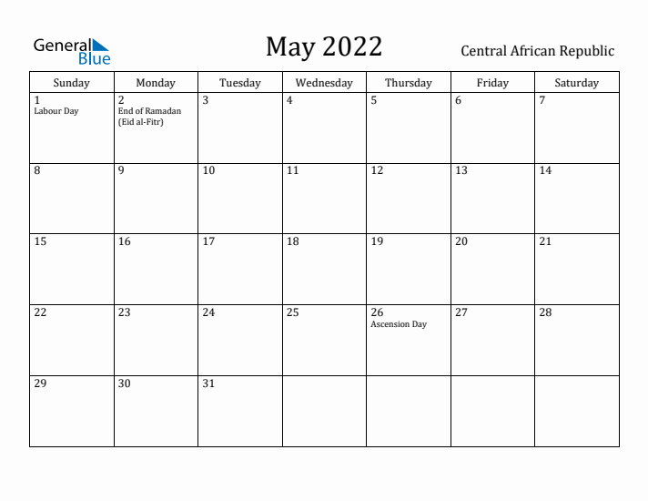 May 2022 Calendar Central African Republic