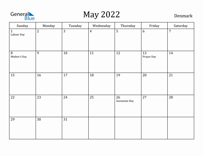 May 2022 Calendar Denmark