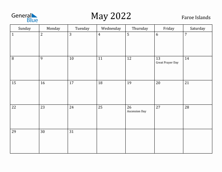 May 2022 Calendar Faroe Islands