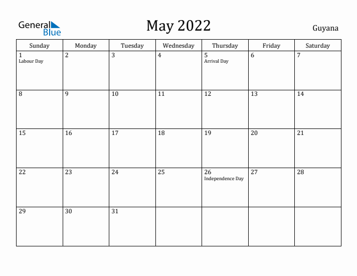 May 2022 Calendar Guyana