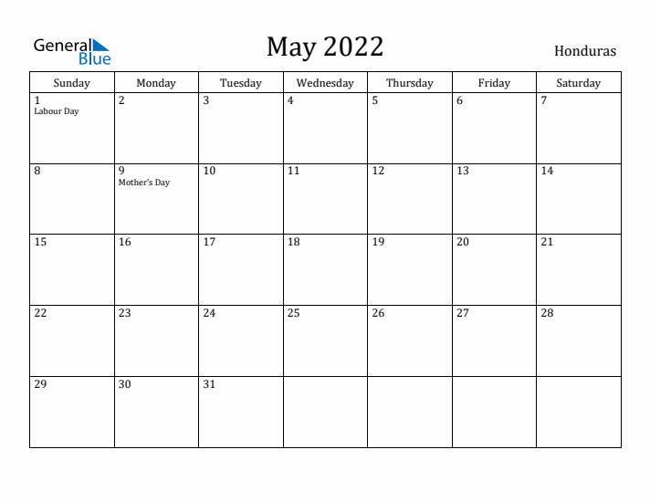 May 2022 Calendar Honduras