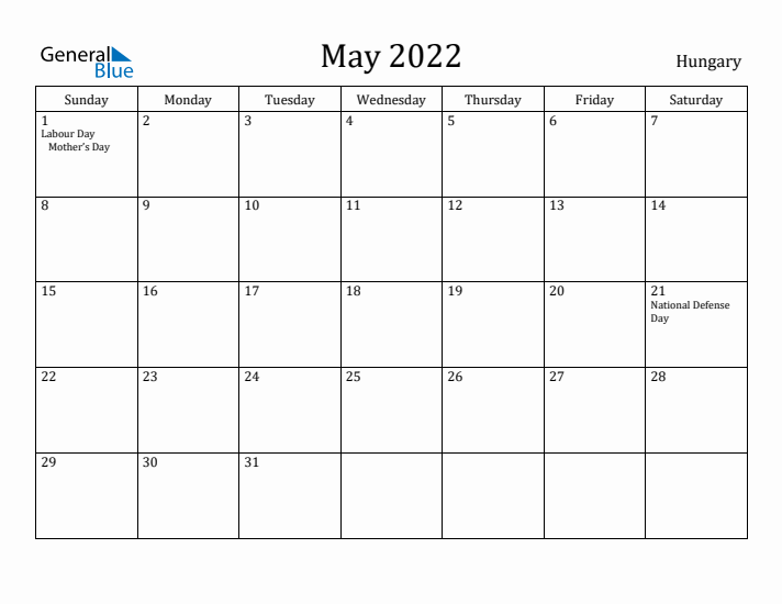 May 2022 Calendar Hungary