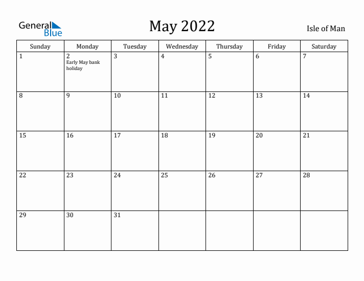 May 2022 Calendar Isle of Man