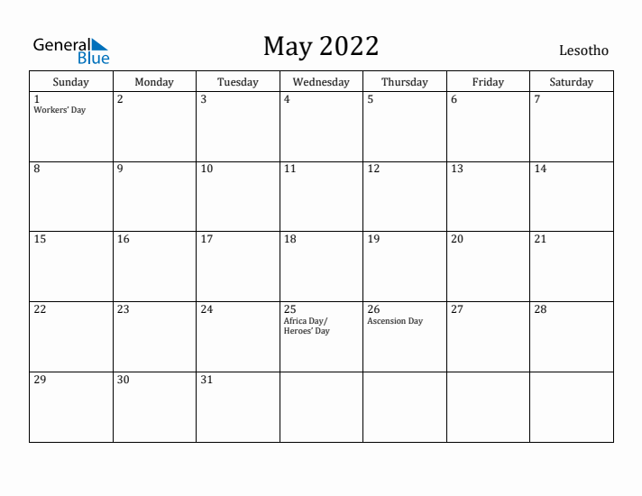 May 2022 Calendar Lesotho