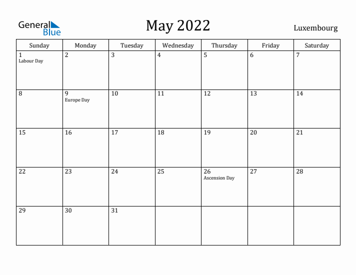 May 2022 Calendar Luxembourg