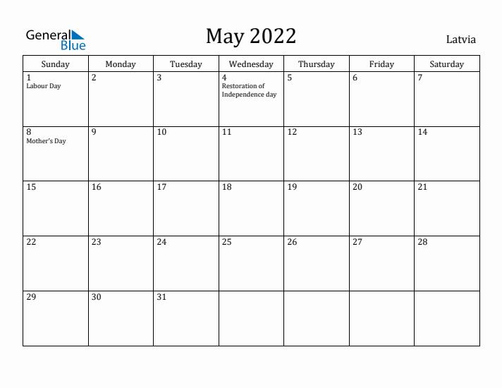 May 2022 Calendar Latvia
