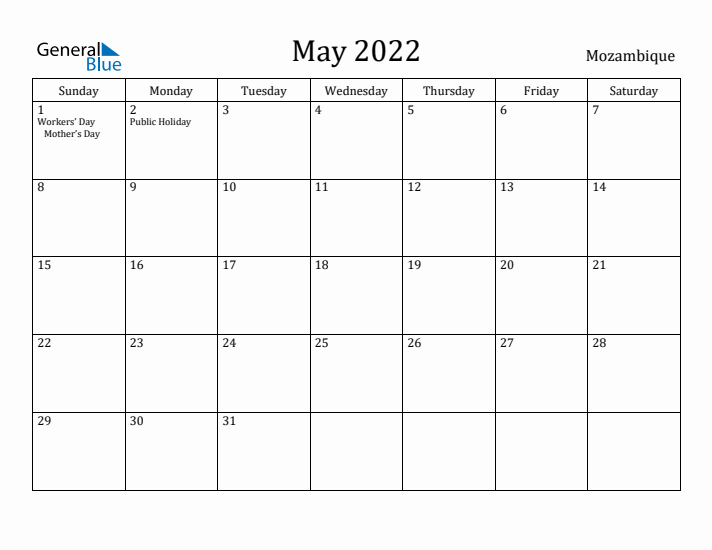 May 2022 Calendar Mozambique
