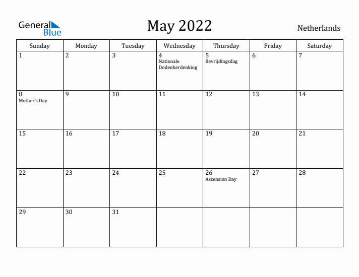 May 2022 Calendar The Netherlands