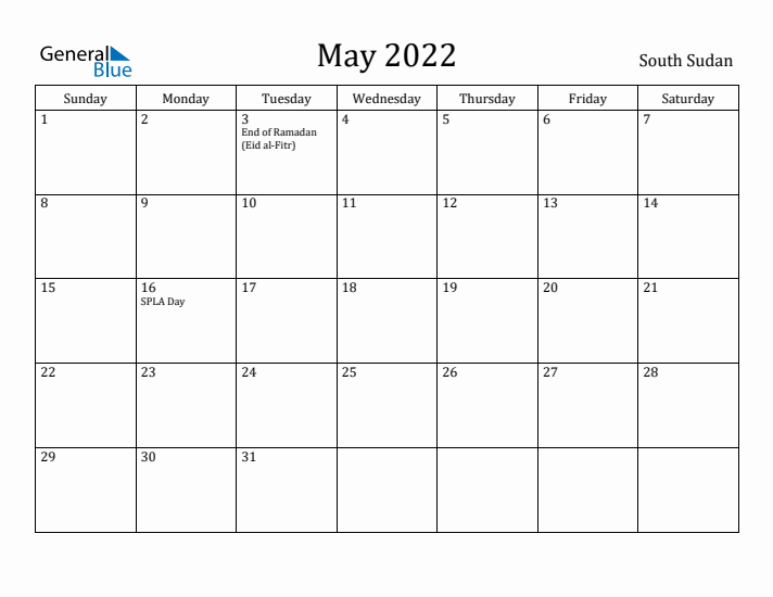 May 2022 Calendar South Sudan