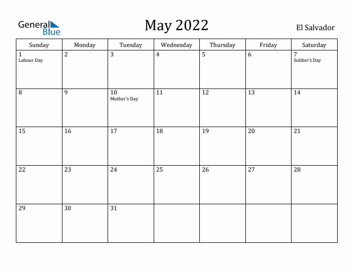 May 2022 Calendar El Salvador