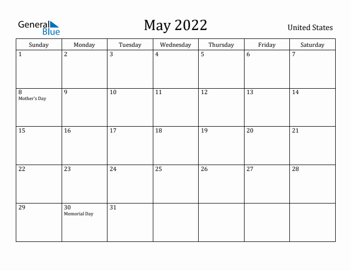 May 2022 Calendar United States