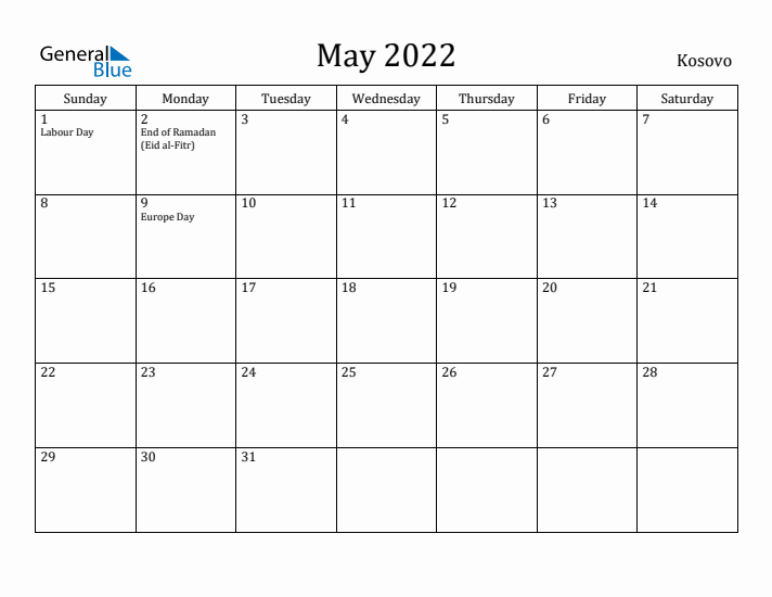 May 2022 Calendar Kosovo