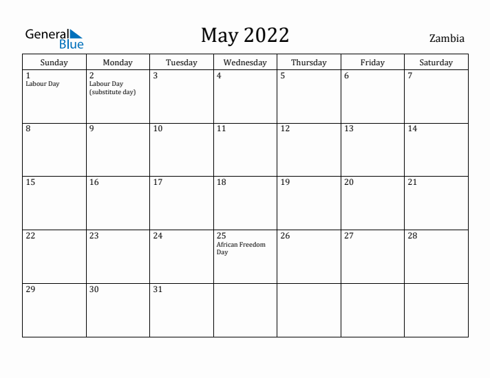 May 2022 Calendar Zambia