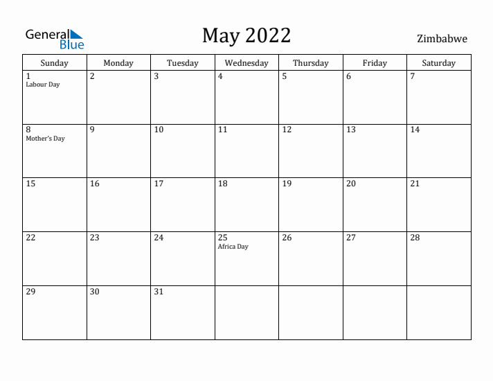 May 2022 Calendar Zimbabwe