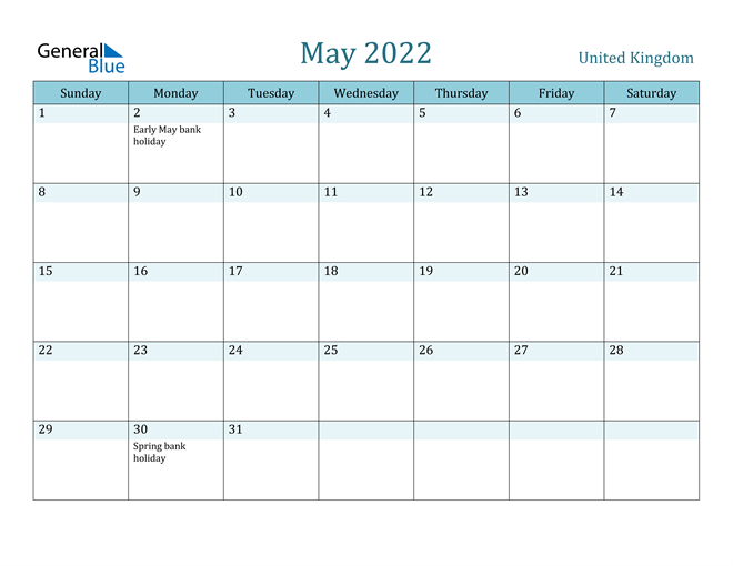 May 2022 Holiday Calendar United Kingdom May 2022 Calendar With Holidays