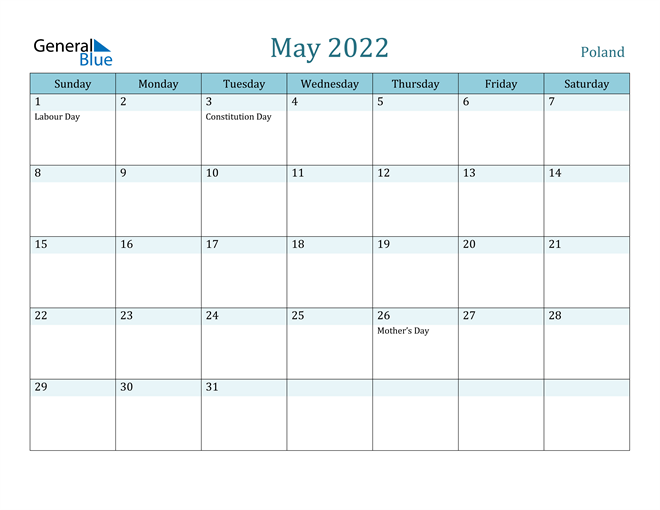May 2022 Calendar with Holidays in PDF, Word, and Excel