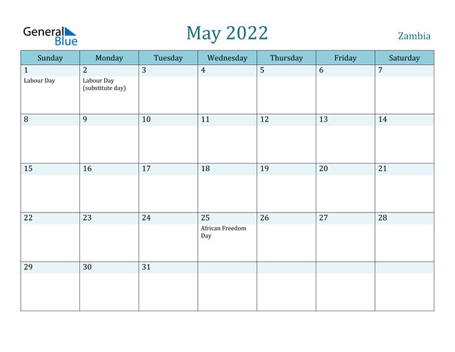Zambia May 2022 Calendar With Holidays