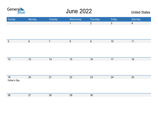 United States June 2022 Calendar with Holidays
